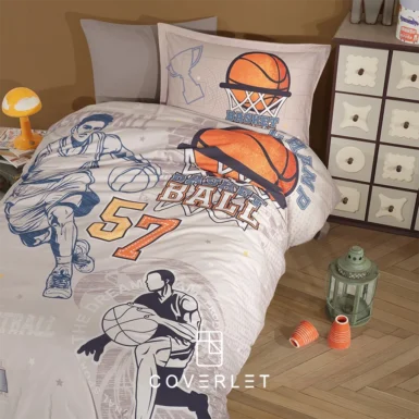 روتختی پسرانه طرح بسکتبال مدل Basketball با زمینه بژ و توپ بسکتبال روی تخت یکنفره