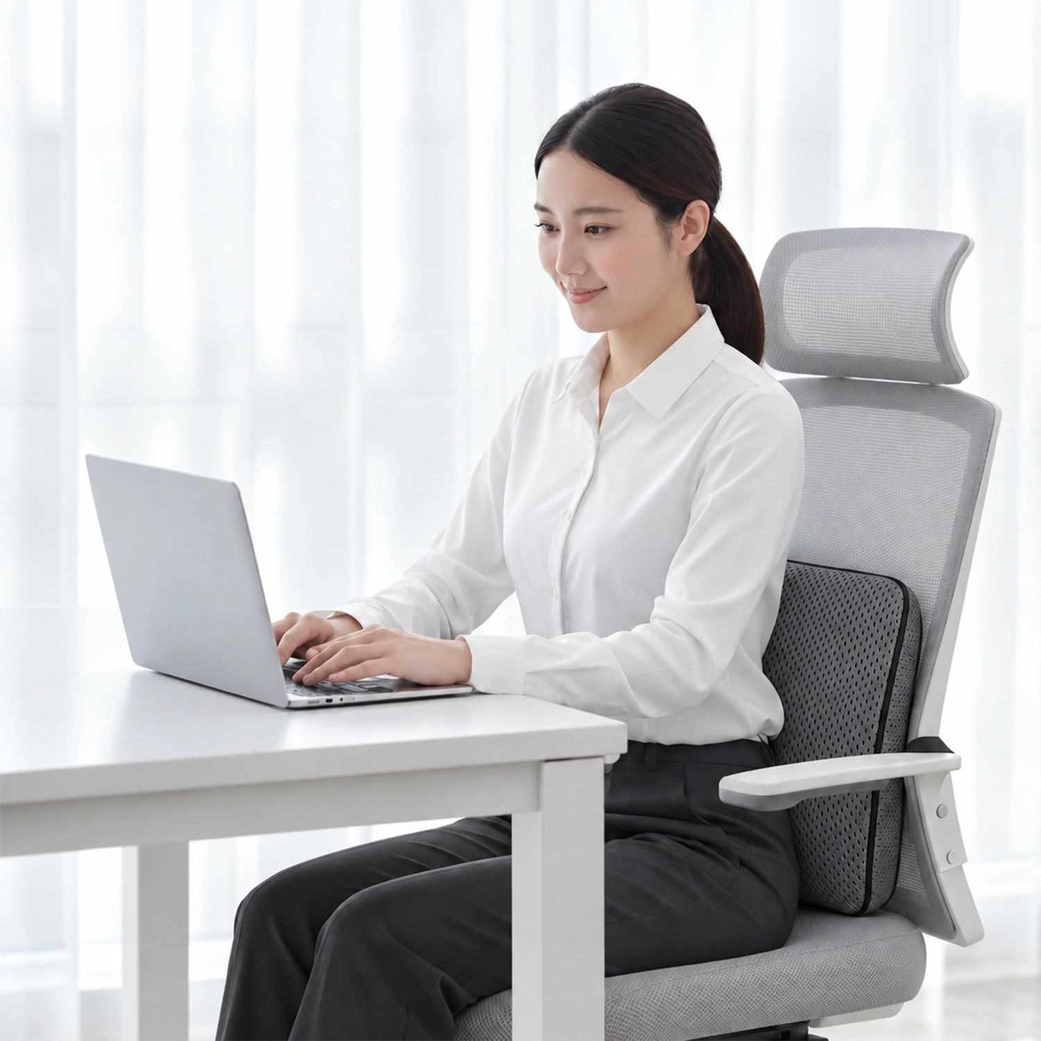 استفاده از بالش طبی پشت کمری مدل Carfort روی صندلی کار، پشت کمر فردی که مقابل لپتاپ نشسته است.